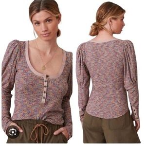 Anthropologie Multicolored Speckled Puff-Sleeve Henley Top